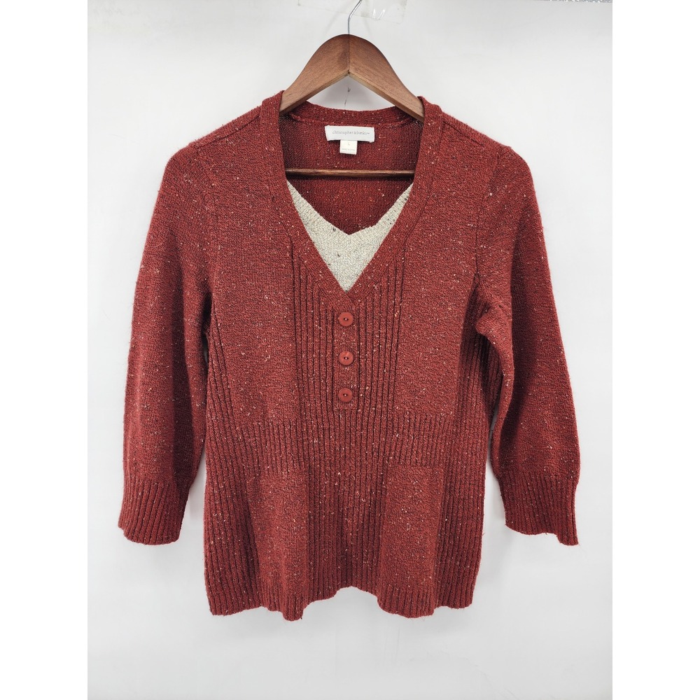 Christopher & Banks Red Flecked Knit 3/4 Sleeve Henley Sweater Size L